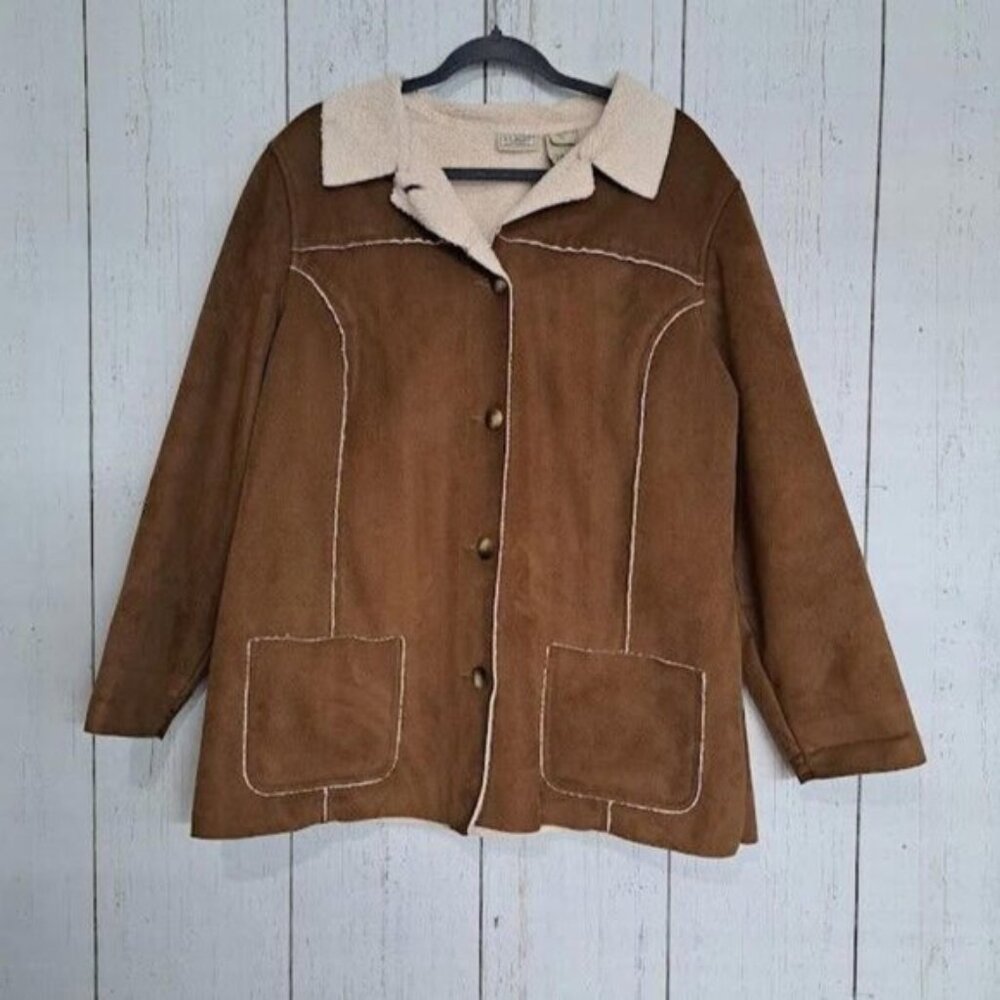 LL Bean Size XL Petite Womens Brown White Suede Sherpa Button Down Jacket